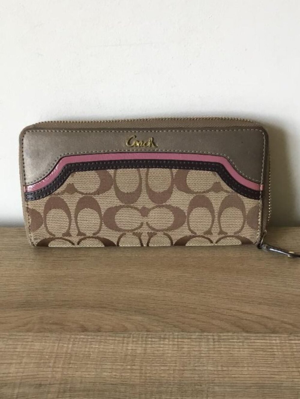 Coach Heritage Stripe Signature Logo Brown w/Pink Trim, Zip Around Wallet